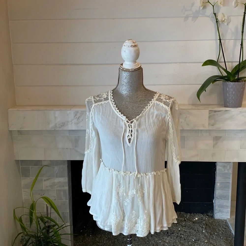 Free People Romance of the Rose Ivory Sheer Lacey Lace-Up Tunic Size XS